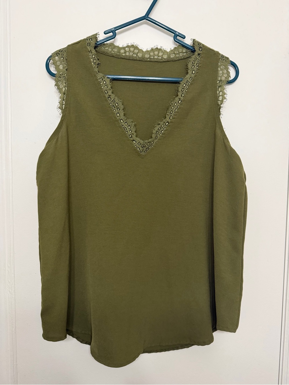 EUC Lace Trim V-Neck Sleeveless Top - Olive Green